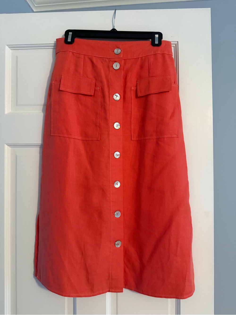 Button-Front Coral A-Line Midi Skirt